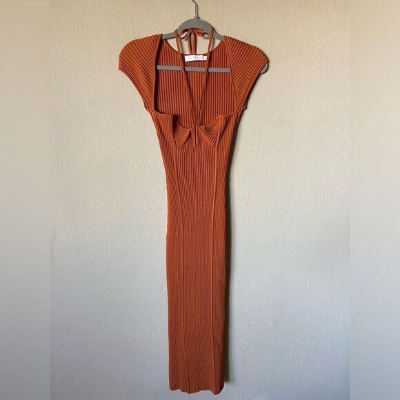 Jonathan Simkhai Florence Midi Orange Dress Tie-Neck Rib Knit Size XS - Picture 9 of 12